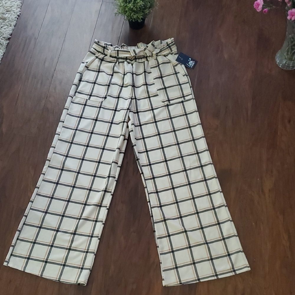 Paperbag Waist Wide-Leg Plaid Pants - Cream